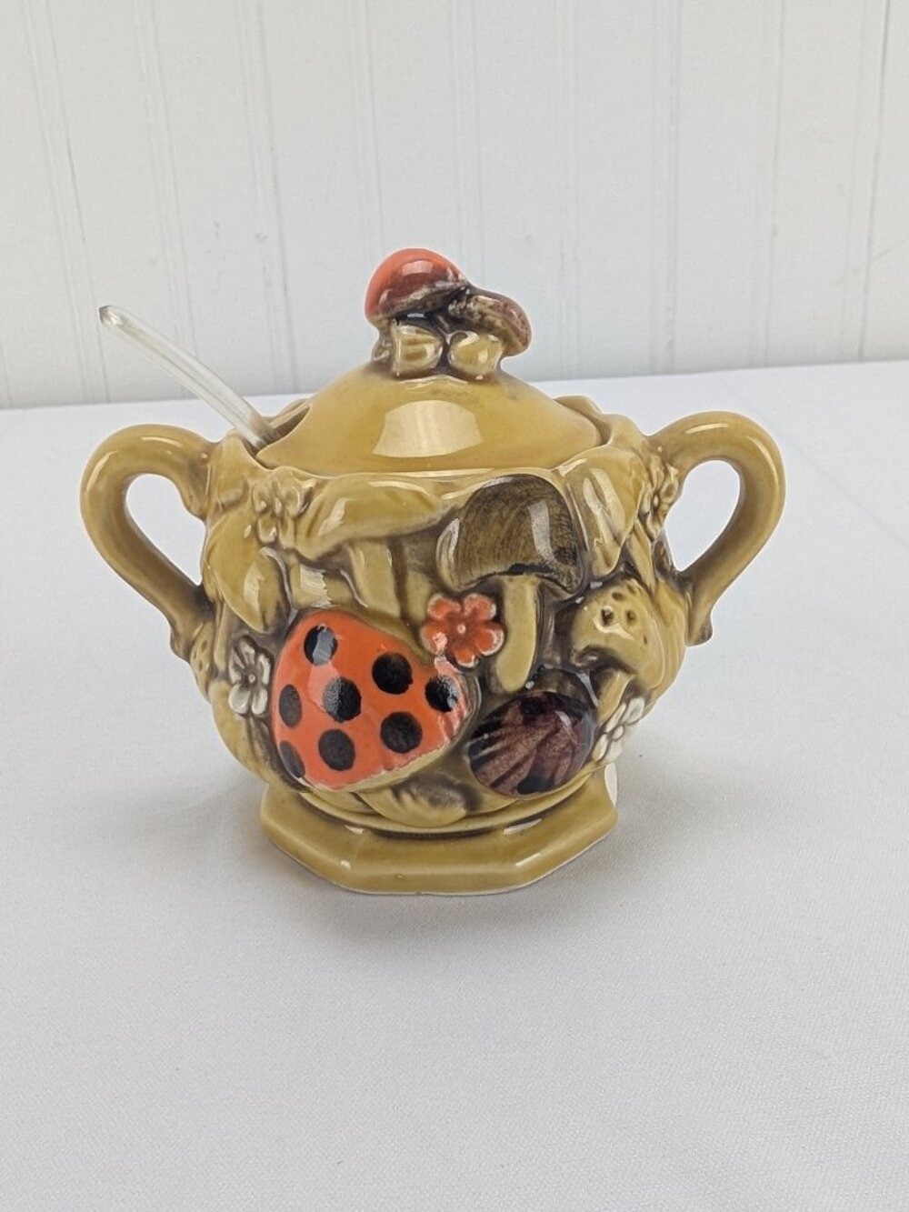 Vintage Fred Roberts MCM Mushroom Ceramic Sugar Bowl w/Lid & Spoon Whimsical 70s